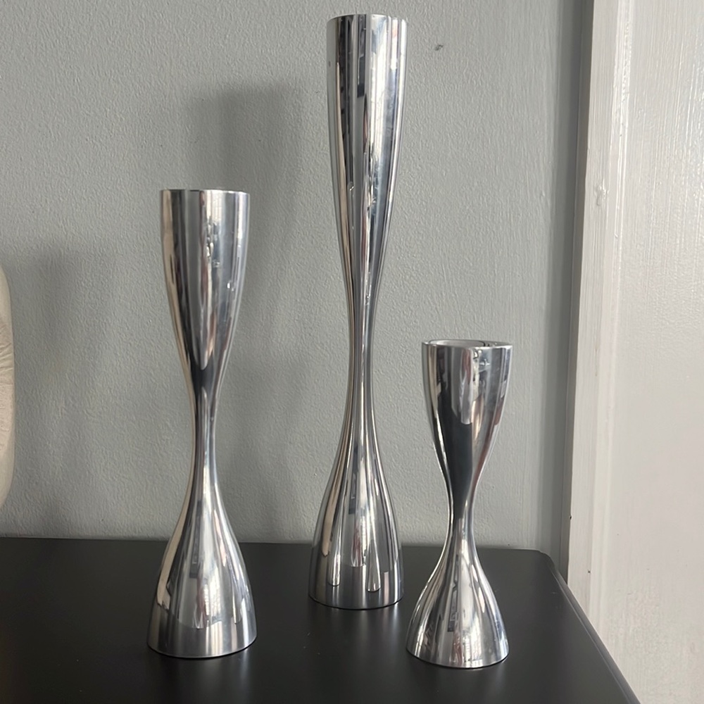 Nambe Studio Stainless Steel Candlestick Set Item Numbers 6029, 6030, 6031